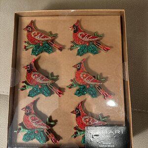 TAHARI RHINESTONE CHRISTMAS NAPKIN RINGS Red Cardinal SET OF 4 NIB